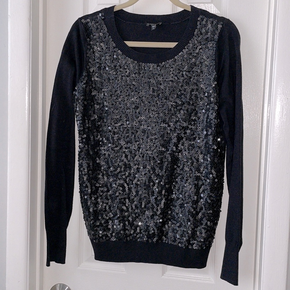 Express black sequin leather sparkly stretchy crew neck sweater size large